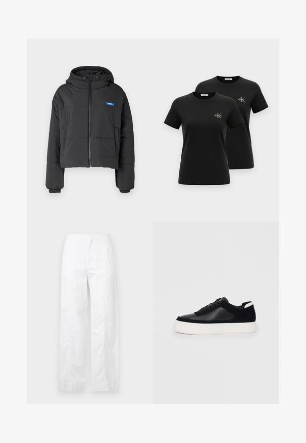 Crna skraćena puffer jakna s prednjim zatvaračem, kapuljačom i elastičnim manžetama. Sadrži plavu oznaku na prsima i bočne džepove.; Dve crne kratke majice s okruglim izrezom i malim sivim logotipima "CK Calvin Klein" na lijevoj strani prsa, prikazane na bijeloj pozadini.; Bijele široke hlače od laganog materijala, s glatkom teksturom, čistim linijama i visokim strukom.; Crne tenisice s glatkom kožom i panelima od antilopa, ravne vezice, zaobljenim vrhom i bijelim gumeni potplat. Izraziti logo na peti.