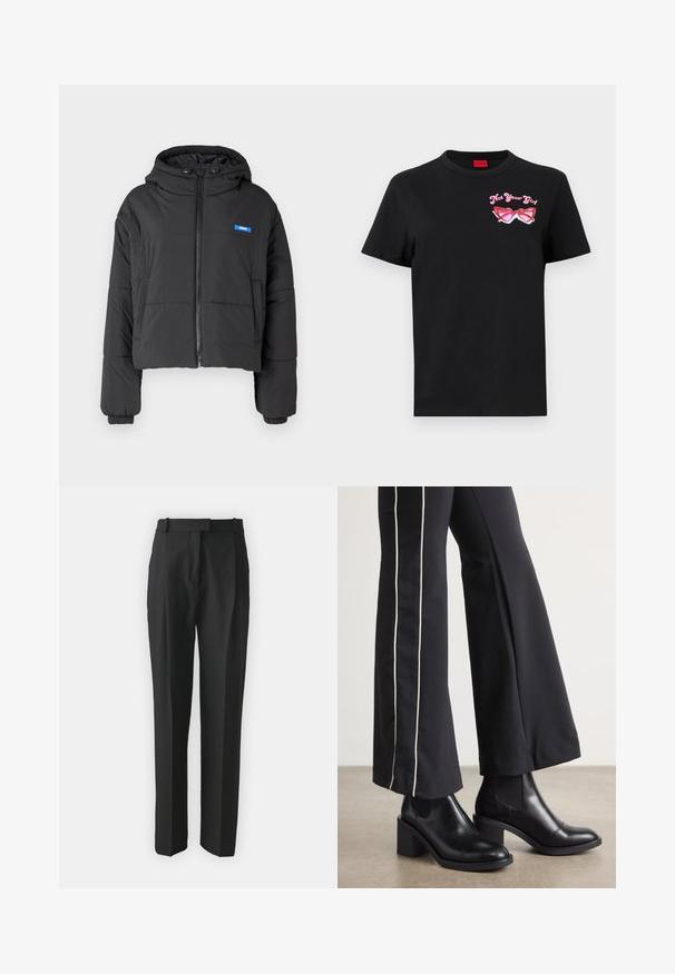 Melna īsā pūkaina jaka ar priekšējo rāvējslēdzēju, kapuci un elastīgām aprocēm. Uz krūškurvja ir zila logo uzlīme un sānu kabatas.; Melnas kokvilnas t-krekls ar īsām piedurknēm, kurā ir rozā grafika ar saulesbrillēm un uzrakstu "Ne tava meitene" kreisajā krūtīs.; Melnas pielāgotas bikses, izgatavotas no viegla auduma, ar taisnu griezumu, plakanu fronti un jostām. Gluda tekstūra bez redzamām rakstām.; Melnas ādas potīšu zābaki ar blokveida papēdi, aprīkoti ar elastīgām sānu paneļiem. Kombinēti ar melniem biksēm, kuru sānos ir baltas svītras.