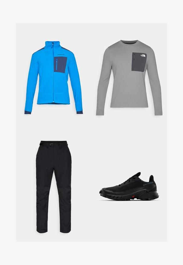 Mėlynas fliso džemperis su aukštu apykakle, pilnu užtrauktuku ir tamsiai mėlynu krūtinės kišeniu. Pasižymi tekstūruota medžiaga ir kontrastingomis tamsiai mėlynomis detalėmis ant pečių.; Ilgų rankovių pilkas marškinis su tekstūruota medžiaga, kuris turi tamsiai pilką krūtinės kišenę ir užtrauktuką. Kišenėje baltas logotipas.; Juodos kelnės, pagamintos iš tvirto audinio, su tiesiu kirpimu. Savybėse yra liemuo su diržu ir tekstūruoti akcentai ant apatinių kojų.; Juodi sportiniai batai su tekstūruotu viršumi, apvaliu priekiu ir ryškiu guminio pado apvadu. Yra logotipas šone ir raudonos detalės padu.