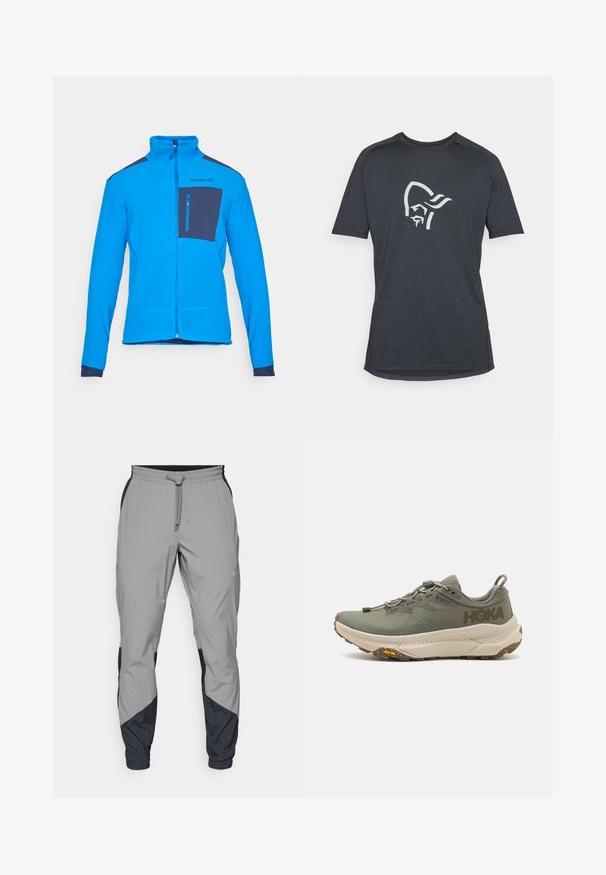 Casaco de fleece azul com gola alta, fecho zip completo e um bolso no peito em azul marinho. Apresenta um tecido texturizado e detalhes em azul marinho contrastantes nos ombros.; T-shirt de manga curta cinza escuro com um gráfico branco de um perfil facial. Feito de um tecido suave e texturizado com uma bainha arredondada.; Calças de treino leves e cinzentas com detalhes pretos. Cintura elástica, fecho com cordão, design de perna afunilada e bolsos laterais.; Sapatilha de corrida Hoka verde com parte superior em Gore-Tex, detalhes texturizados, atacadores elásticos e sola grossa em bege com o logo da Vibram.