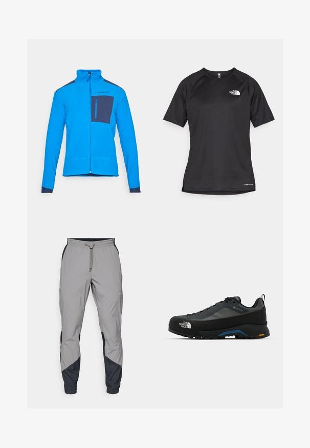 Kék polár dzseki magas gallérral, teljes cipzárral és sötétkék mellszsebbels. Texturált anyaga van, és kontrasztos sötétkék részletei a vállakon.; Fekete, rövid ujjú sportpóló struktúrált anyagból, bal mellen fehér logóval és egyenes aljjal.; Könnyű, szürke sportnadrág fekete részletekkel. Rugalmas derékpánt, zsinóros zárás, szabott lábszár kialakítás és oldalsó zsebek.; The North Face VERTO ALPINE GORE TEX - Túracipők - asphalt grey/tnf black