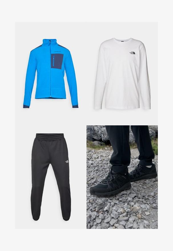 Giacca in fleece blu con colletto alto, zip completa e taschino sul petto blu navy. Presenta un tessuto testurizzato e accenti blu navy a contrasto sulle spalle.; T-shirt bianco a maniche lunghe in cotone con colletto rotondo. Presenta un piccolo logo nero sul petto. Texture liscia, vestibilità regolare.; Pantaloni sportivi neri con vita regolabile tramitecordino, vestibilità affusolata, polsini elasticizzati e un piccolo logo bianco sulla coscia sinistra, realizzati in tessuto morbido.; Scarpe da esterni nere realizzate in mesh e materiale sintetico, con una parte superiore testurizzata, un sistema di allacciatura sicuro e una suola robusta, su terreno roccioso.