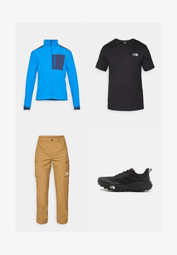 Plava flis jakna s visokim ovratnikom, punim zatvaračem i mornarsko plavim džepom na prsima. Ima teksturirani materijal i kontrastne mornarsko plave detalje na ramenima.; Crna majica kratkih rukava od pamuka, s okruglim izrezom i malim bijelim logotipom na gornjem lijevom dijelu prsnog koša.; The North Face EXPLORATION PANTS - Cargo hlače - utility brown; Crne trail trkačke cipele s teksturiranim gornjim dijelom, gumeni potplat i ojačana zaštita za prste. Imaju podstavljen ovratnik i trakicu za lakše obuvanje.