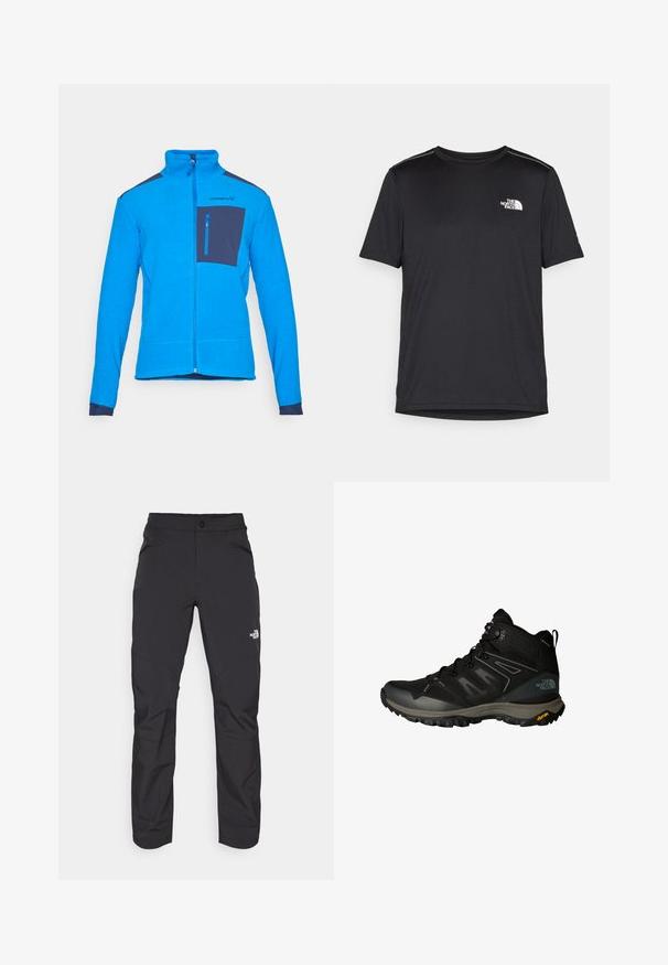 Zila flīša jaka ar augstu apkakli, pilnu rāvējslēdzēju un tumši zilu krūšu kabatu. Satur tekstiturētu audumu un kontrastējošus tumši zilus akcentus plecos.; Melnas īsām piedurknēm T-kreklas, izgatavots no viegla auduma. Uz kreisā krūtīm ir neliels balts logo un smalki plecu akcenti.; Melnas āra bikses ar rāvējslēdzēju priekšējā kabatā, sintētisks materiāls, sašaurinātas kājas un pastiprinātas ceļa paneļi. Iespējams, ar pogas aizdari.; Melns pārgājienu zābaks ar sietu un sintētiskajām pārklājumiem, teksturēta viduspeļa, Vibram zole un pelēkie akcenti. Augsta dizaina struktūra, kas nodrošina potītes atbalstu.