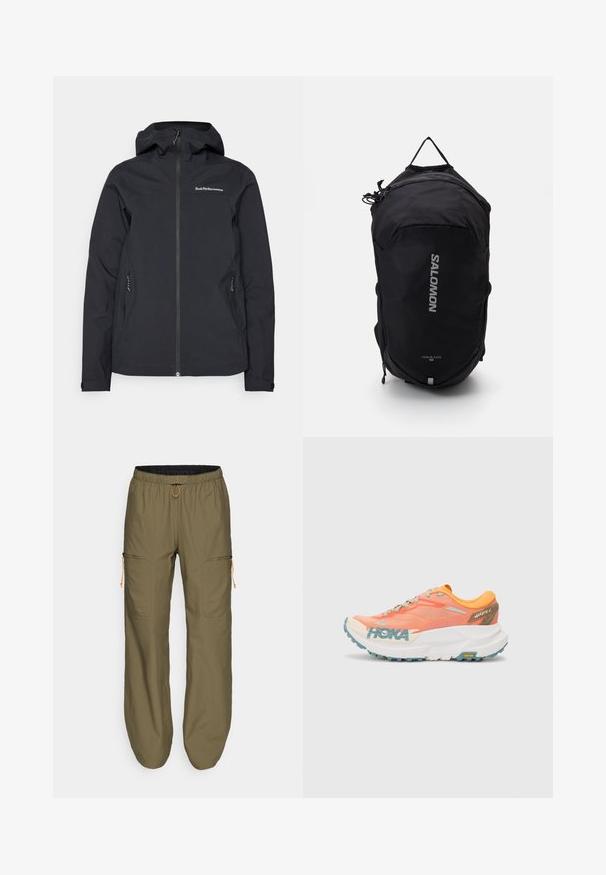 Schwarze wasserdichte Jacke mit Kapuze, Frontreißverschluss, zwei Seitentaschen und Logodetails auf der Brust. Glatte Textur und modernes Design.; Weißes Langarmoberteil mit blauen horizontalen Streifen. Verfügt über einen weitem Ausschnitt und eine lockere Passform, hergestellt aus weichem Stoff mit glatter Textur.; Leichte, olivgrüne Cargo-Hosen mit elastischem Bund und orangem Kordelzug; ausgestattet mit Reißverschluss-Seitentaschen und genähten Akzenten.; Oranges und pinkes Laufband mit Obermaterial aus Mesh, weißer Zwischensohle, Vibram-Laufsohle und hellblauen Akzenten. Verfügt über HOKA-Branding an der Seite.; Schwarzer Salomon Trailblazer 10 Rucksack mit rundlicher Form, strukturiertem Stoff, Reißverschluss vorne und reflektierenden Logodetails.