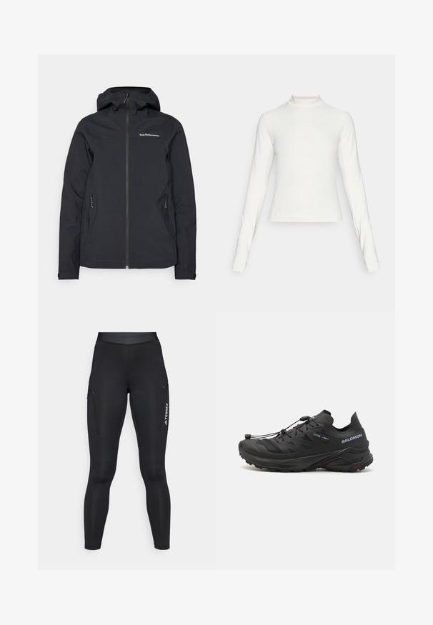 Čierna nepremokavá bunda s kapucňou, predným zipsom, dvoma bočnými vreckami a logom na hrudi. Hladká textúra a moderný dizajn.; Dlhý rukáv biely športový top s vysokým golierom a malým centrálnym logom na hrudi, zobrazený na jednoduchom pozadí.; Čierne športové legíny s priliehavým strihom, vyrobené z elastického materiálu. Obsahujú bočné vrecká a biele logo "TERREX".; Čierne trailové bežecké topánky s textúrovaným zvrškom, sieťovinovými panelmi a bezpečným systémom zapínania. Obsahujú robustnú podrážku pre lepšiu trakciu.