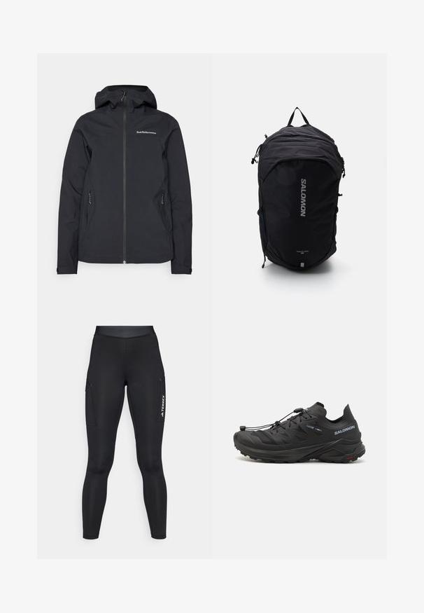Mustat vesitiiviit takki hupparin kanssa, etuvetoketju, kaksi sivutaskua ja logo yksityiskohtina rinnassa. Sujuva pinta ja moderni muotoilu.; Pitkähiha valkoinen urheilu paita, jossa on korkea kaulus ja pieni keskellä oleva logo rinnassa, esitetty yksinkertaisella taustalla.; Mustat urheilulegginsit, joissa on tiukka malli ja venyvä materiaali. Varustettu sivutaskuilla ja valkoisella "TERREX"-brändäyksellä.; Musta maastojuoksukengät, joissa on teksturoitu päällinen, verkkomaiset paneelit ja turvallinen kiinnitysjärjestelmä. Varustettu karkealla pohjalla pidon parantamiseksi.; Musta reppu, jossa on virtaviivainen muotoilu, teksturoitu kangas, säädettävät hihnat ja näyttävä hopeinen "SALOMON"-logo edessä.