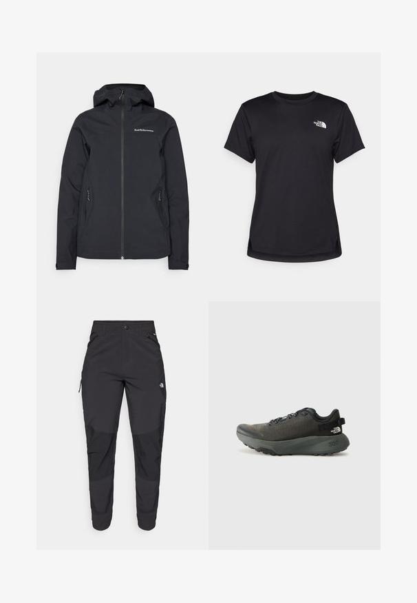 Svart vattentät jacka med huva, framdragkedja, två sidofickor och logodetaljer på bröstet. Slät textur och modern design.; The North Face FLEX SHORT SLEEVES TEE - T-shirt till träning - black; Svarta utomhusbyxor gjorda av slitstarkt material. Har fickor med dragkedja, förstärkta knäpaneler och en rak skärning för rörlighet.; Mörkgrå sportskor med ett strukturerat tygöverkast, platta snören, förstärkt tå och tjock, robust sula för grepp. 300 präglat på hälen.