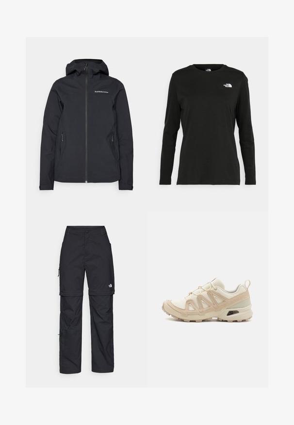 Veste imperméable noire avec capuche, fermeture éclair sur le devant, deux poches latérales et logo sur la poitrine. Texture lisse et design moderne.; T-shirt noir à manches longues en coton avec un col rond. Présente un petit logo blanc sur la partie gauche de la poitrine. Design et coupe simples.; Pantalons cargo en nylon noir, à zip amovible, avec chevilles ajustables, plusieurs poches et un logo sur la jambe droite. Texture lisse et légère.; Baskets de sport beiges et crème avec une tige en mesh texturé, des superpositions de soutien et une semelle en caoutchouc dotée d'un motif de crampons pour une traction.