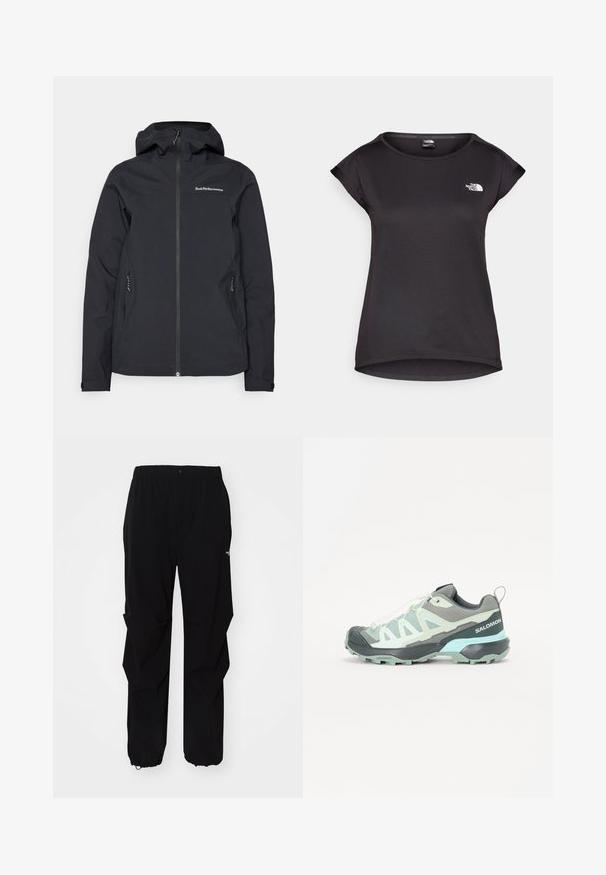 Zwarte waterdichte jas met een capuchon, voorrits, twee zijzakken en logodetails op de borst. Soepele textuur en modern ontwerp.; The North Face TANKEN TANK - Sport T-shirt - black; Zwarte outdoorbroek gemaakt van duurzaam materiaal, met een relaxte fit, elastische tailleband en een afgeknipte onderkant voor verstelbare lengte.; Lichte trailrunning schoen in grijs en mintgroen. Beschikt over een bovenwerk van mesh, duurzame rubberen zool en vetersysteem. Merklogo op de hiel.