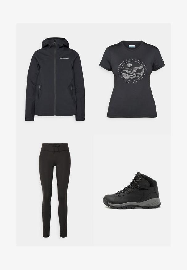 Čierna nepremokavá bunda s kapucňou, predným zipsom, dvoma bočnými vreckami a logom na hrudi. Hladká textúra a moderný dizajn.; Čierne tričko Columbia s bielou kruhovou grafikou hory a rieky a textom "Columbia Sportswear Company vonku od roku 1938."; Čierne legíny s vysokým pásom, so šnúrkou na stiahnutie, hladkou textúrou a priliehavým strihom. Obsahujú švy po stranách.; Čierna turistická obuv s polovičným strihom, s textúrovaným zvrškom, šedými akcentmi a odolnou gumovou podrážkou s protišmykovými hrebienkami.