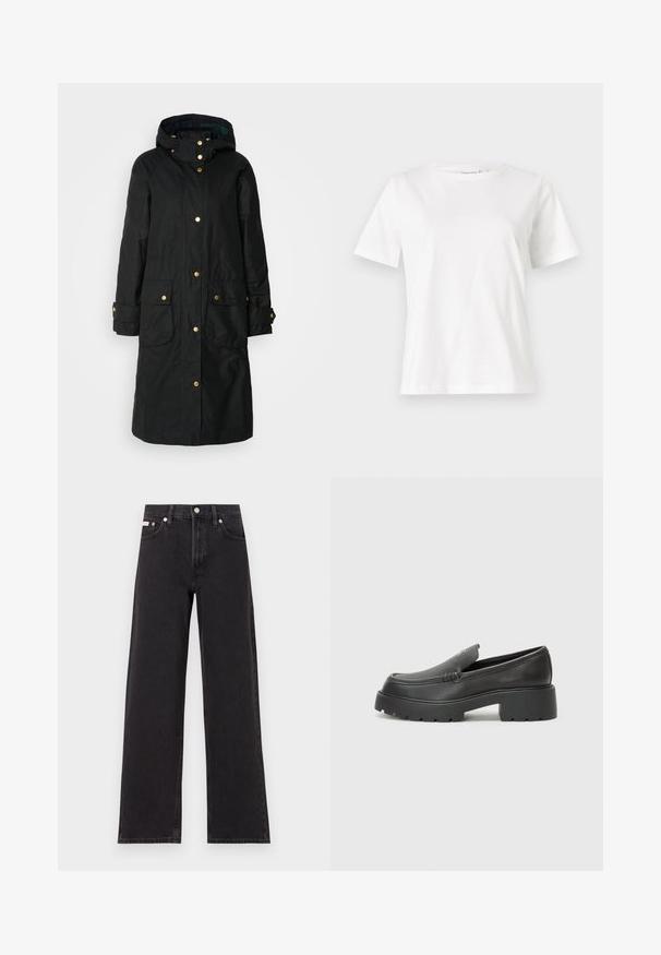 Černý nepromokavý kabát s kapucí, zlatými patentkami, dvěma předními kapsami a mírně strukturovanou tkaninou pro teplo a trvanlivost.; Bílý bavlněný tričko s krátkým rukávem, kulatým výstřihem a volnějším střihem. Hladká textura, bez vzorů nebo akcentů, minimalistický design.; Černé široké jeansy vyrobené z denimu, s vysokým pasem, pěti kapsami a kovovým zapínáním s kontrastním prošíváním.; Černé kožené mokasíny s okrouhlou špičkou, silnou strukturovanou podrážkou a minimálními detaily šití. Elegantní design bez viditelných tkaniček nebo kovových prvků.