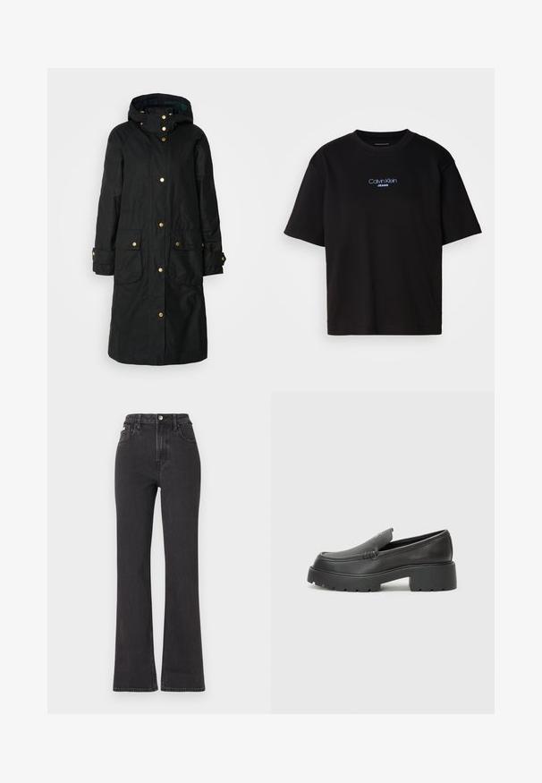 Fekete vízálló kabát kapucnival, arany patent gombokkal, két elülső zsebbel és enyhén strukturált anyaggal a melegség és tartósság érdekében.; Fekete pamut póló kerek nyakkal, rövid ujjú, elöl kék hímzett "Calvin Klein JEANS" logóval.; Fekete, magas derekú, trapéz fazonú farmernadrág, gombos záródással, övrésszel és oldalsó zsebekkel. Sima textúrájú, minimális kopással.; Fekete bőr loafer cipők kerek orral, vastag, texturált talppal és minimális varrási részletekkel. Áramvonalas dizájn, látható fűzők vagy fém részek nélkül.