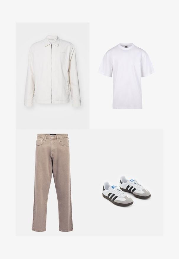 Valge lukuga jakk, mis on valmistatud pehmest kangast. Omab teravat kraed, pikki varrukaid ja peent brändimist rinnal.; Valge puuvillane t-särk ümmarguse kaeluse, lühikeste varrukate ja lõdva lõikega. Omab lihtsat disaini ilma mustrite või aktsendita.; Heledad helebeežid sirglõikes teksapüksid, millel on kergelt pleekinud tekstuur, viie taskuga disain ja metallist nupuga sulgumine. Silmapaistvad õmbluse detailid.; Spordijalatsid valge nahkpealsega, halli nubuk-naha otsaga ja kolme musta triibuga. Omab sinist logo keele peal ja struktureeritud kummitalda.