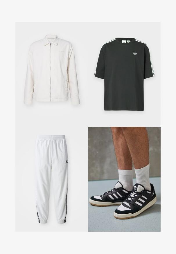 White zip-up jacket made of soft fabric. Features a pointed collar, long sleeves, and subtle branding on the chest.; Black cotton t-shirt with short sleeves, crew neckline, and white three-stripe detailing on shoulders. Features a small white logo on chest.; White athletic pants with black side stripes, elastic waistband, and cuffs; features Adidas logo on the left thigh. Smooth fabric texture.; Black and white sneakers with a suede and leather upper, featuring three white stripes, a perforated toe, and a gum rubber sole.