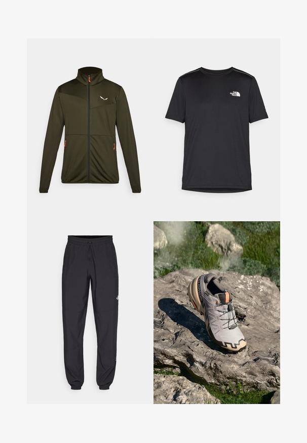 Olive zaļš zip-up džemperis, izgatavots no teksturēta auduma, ar melniem akcentiem, oranžu rāvējslēdzēju, divām sānu kabatām un augstu apkakli.; Melnas īsām piedurknēm T-kreklas, izgatavots no viegla auduma. Uz kreisā krūtīm ir neliels balts logo un smalki plecu akcenti.; Melni sporta bikses, kas izgatavotas no viegla auduma, ar savelcamu jostu, sānu kabatām un sašaurinātiem apakšējiem galiem pie potītēm.; Gaišs pelēks taku skriešanas apavs ar bēšiem akcentiem, teksturēta virsma, melnas mežģīnes un izteikta zole. Satur zīmola logo.