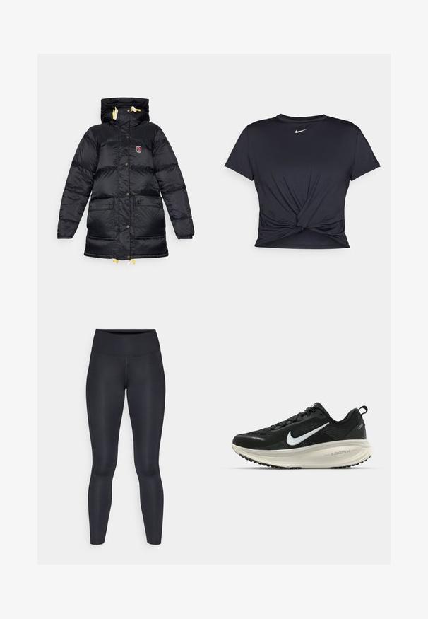 Melnā pūkainā jaka ar augstu apkakli, divām priekšējām kabatām, dzeltenām saites un logo uz krūšu daļas. Gluda, spīdīga tekstūra.; Melna sporta t-kreklu ar gludu audumu, ar mezglošanas priekšpusi un mazu baltu Nike logotipu uz krūšu daļas.; Melnas legingi, izgatavoti no gludas, elastīgas auduma. Augsts jostasvieta bez redzamām rakstiem vai akcentiem. Cieši pieguļ no jostas līdz potītēm.; Melnas Nike skriešanas kurpes ar elpojošu acs augšdaļu, baltu Swoosh logotipu, strukturētu apdari un krēmkrāsas ZoomX starpsole.