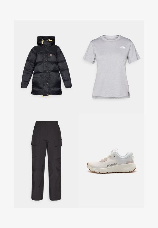 Fekete steppelt dzseki magas gallérral, két elülső zsebbel, sárga fűzőkkel és mellkason elhelyezett logóval. Simma, fényes textúra.; Szürke, rövid ujjú póló, puha, nedvességet elvezető anyagból készült. Kerek nyakú, és egy kis fehér logó található a bal felső részen.; Fekete munkásnadrág tartós anyagból, számos oldalsó zsebbel, gombos záródással és laza, egyenes szárú kialakítással.; Könnyű Columbia sportcipő fehér hálóból, texturált szürke talppal és gumis csúszásmentes betéttel. Jellemzője a párnázott gallér és a fűzős kialakítás.