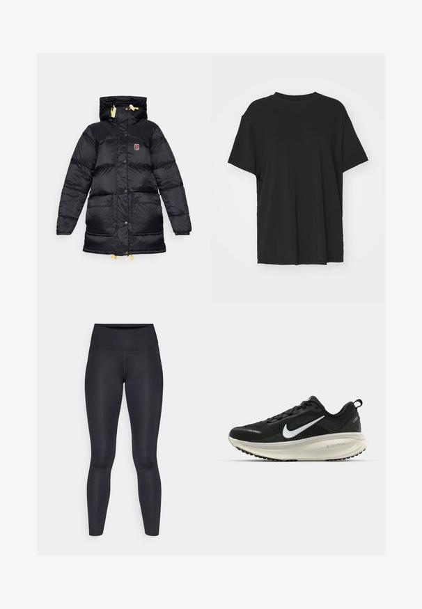 Crni pufasti kaput s visokim ovratnikom, dva prednja džepa, žutim vezicama i oznakom na prsima. Glatka, sjajna tekstura.; Crna majica kratkih rukava napravljena od glatkog materijala, s okruglim izrezom i slobodnim krojem. Ima bočne proreze za dodatnu udobnost i prozračnost.; Crne tajice izrađene od glatkog, rastezljivog materijala. Visok struk bez vidljivih uzoraka ili akcenta. Tjesno pristaju od struka do gležnjeva.; Crne Nike trkačke tenisice s prozračnom mrežastom gornjom konstrukcijom, bijelim swoosh logotipom, teksturiranim detaljima i kremastom ZoomX srednjom potplatnom jedinicom.