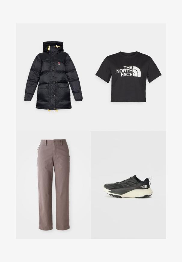 Fekete steppelt dzseki magas gallérral, két elülső zsebbel, sárga fűzőkkel és mellkason elhelyezett logóval. Simma, fényes textúra.; Fekete, vágott ujjú, pamut póló, fehér logóval, amely ívelt díszítéseket és a "THE NORTH FACE" feliratot tartalmazza az elején. Rövid ujjú, kerek nyakú.; Barna pamut twill nadrág egyenes lábakkal, elülső gombos záródással és oldalsó zsebekkel, sima textúrával és tiszta vonalakkal.; Fekete sportcipő, texturált felsőrésszel, szürke kiegészítőkkel és fehér középtalppal. Húzófüllel és kiemelkedő márkalandírral a sarkán.