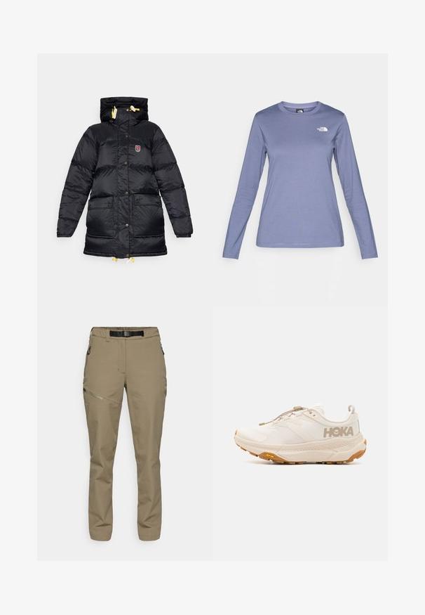 Doudoune noire avec un col montant, deux poches avant, cordons de serrage jaunes et un patch logo sur la poitrine. Texture lisse et brillante.; Chemise à manches longues en tissu violet clair, avec un col rond et le logo The North Face en blanc sur la poitrine gauche. Texture lisse, coupe décontractée.; Pantalons d'extérieur beiges avec une taille élastique et une ceinture noire. Comprend des poches latérales zippées et un tissu lisse et texturé.; HOKA TRANSPORT - Chaussures de marche - eggnog