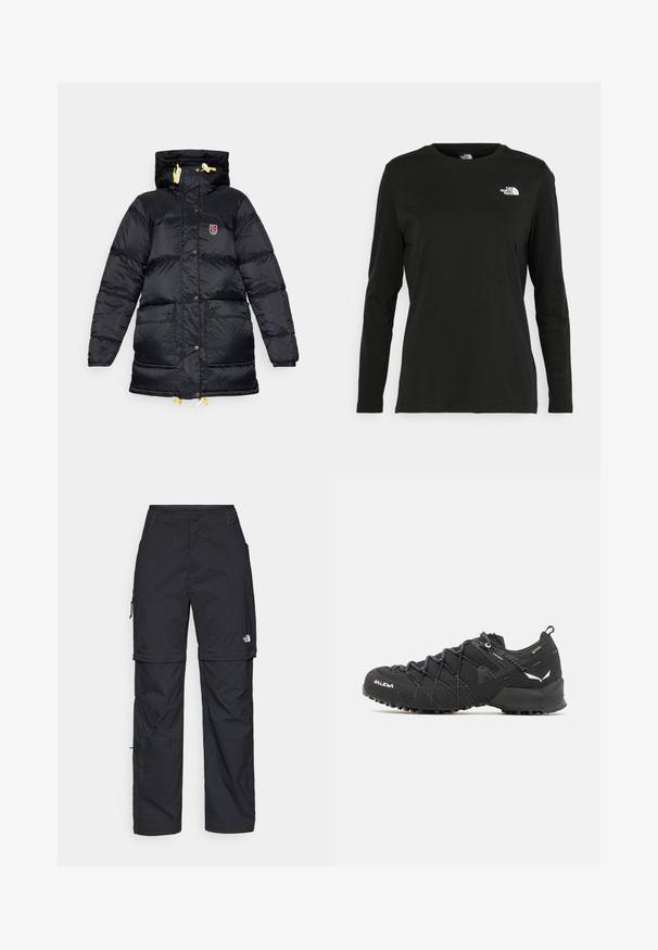 Mustard must jacket kõrge kraega, kahe esimesepoolse taskuga, kollase köidiku ja rinnalogo narmas. Sile, läikiv tekstuur.; Must mustahiheline T-särk, millel on pikad varrukad, valmistatud puuvillast ja ümarast kaelusest. Vasakul rinnal on väike valge logo. Lihtne disain ja sobivus.; Mustad nailonist valmistatud eemaldatavad cargo-püksid, reguleeritavate pahkluudega, mitmete taskutega ja paremal jalal logoga. Sile, kerge tekstuur.; Mustad matkajalatsid tekstuurse kangas ülaosaga, sidumisüsteemiga ja jäiga kummitaldiga. Kaunistatud peegeldavate detailide ja logodega.