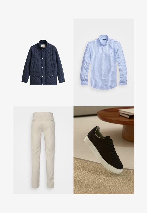 Laivastonsininen tikattu takki, jossa on korkea kaulus, napsautettavat napit ja kaksi etutaskua. Rinnassa pieni logo. Sileä pinta.; Sininen ja valkoinen raidoitettu pitkähihaisen paita, joka on valmistettu puuvillasta. Paidassa on napillinen kaulus, etunapit ja pieni kirjailtu logo rinnassa.; Beige housut, joissa on sileä pinta, suora leikkaus, kaksi nappikiinnitteistä takataskua ja normaali vyötärö.; Musta lenkkari, jossa on valkoinen pohja, kelluu vaaleanbeige texturoituneen maton yllä pyöreän puupöydän vieressä, jonka päällä on pinottu kirjoja.