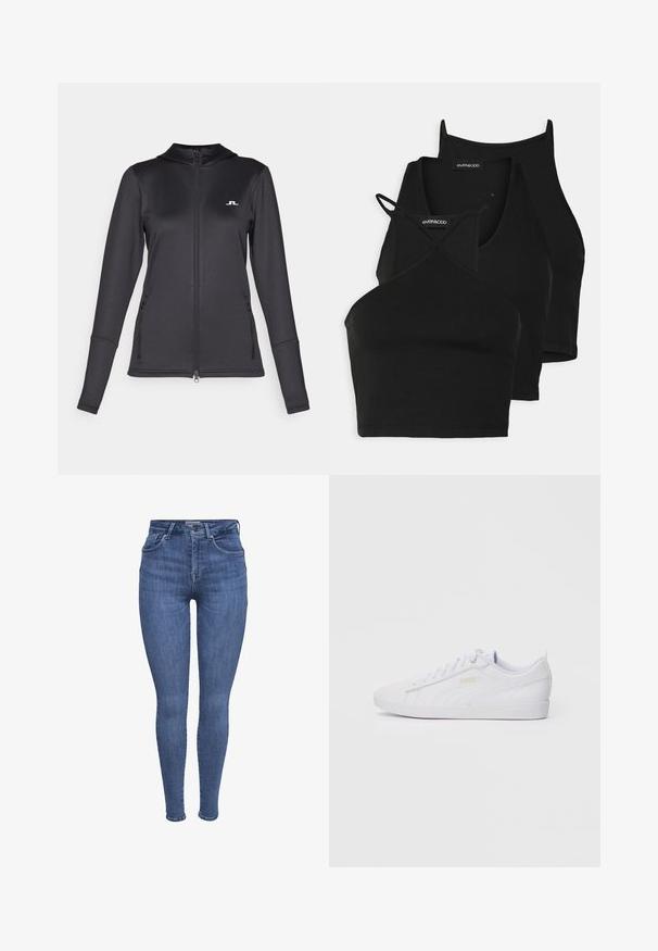 J.LINDEBERG Sports AERIAL FULL ZIP - Träningsjacka - black; Svarta korta toppar i mjukt, stretchigt tyg med tunna remmar och ett korskorsdesign. Har en rundad halsringning och sömlös finish.; Blå högmidjade skinny jeans med frontfickor, knapp, dragkedja och bältesöglor, visade på en vit bakgrund.; Vita låg-top Puma sneaker med snörning fram, subtil logotyp på sidan och sulan, samt en slät syntetisk ovandel för avslappnat bruk.