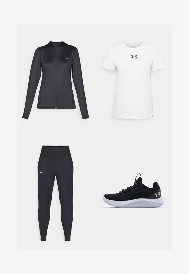 J.LINDEBERG Sports AERIAL FULL ZIP - Träningsjacka - black; Vit bomull T-shirt med korta ärmar. Har en svart Under Armour-logotyp på bröstet. Klassisk rundhalsad design. Slen struktur.; Svarta träningsleggings i elastiskt material, med hög midja, sidofickor och åtsittande manschetter vid ankeln.; Svarta atletiska skor med ett andningsbart meshtak, texturerade detaljer och en vit gummisula. Har platta skosnören och en hällapp vid hälen.