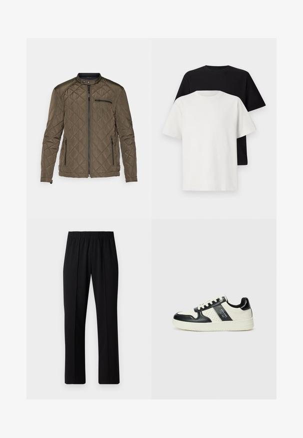 Giacca trapuntata verde oliva con colletto alto, zip frontale e due tasche laterali. Include una tasca sul petto con zip per riporre oggetti.; Set di t-shirt in cotone composto da una maglietta nera e una bianca, entrambe con maniche corte, scollatura rotonda e vestibilità standard. Tessuto testurizzato.; Pantaloni neri con vita elasticizzata e design a gamba dritta, caratterizzati da una texture liscia e senza motivi o hardware visibili.; Sneakers in pelle con una combinazione di colori nero e crema, dotati di dettagli perforati, collare imbottito e suola testurizzata.