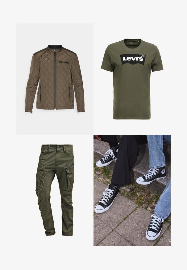 Quiltet olivengrøn jakke med ståkrave, frontlynlås og to sidelommer. Inkluderer en lynlås-lomme på brystet til opbevaring.; Oliven grøn bomulds t-shirt med et stort sort Levi's logo på forsiden. Klassisk rund hals og korte ærmer, glat tekstur.; Olivenfarvede cargo-bukser lavet af slidstærk bomuld. Har flere lommer, en lynlåslomme på siden og tapered ben med en let tekstureret overflade.; Sorte høje canvas sneakers med hvide gummisåler og snørebånd, prydet med et cirkulært logo på siden og parret med denim og sorte bukser.