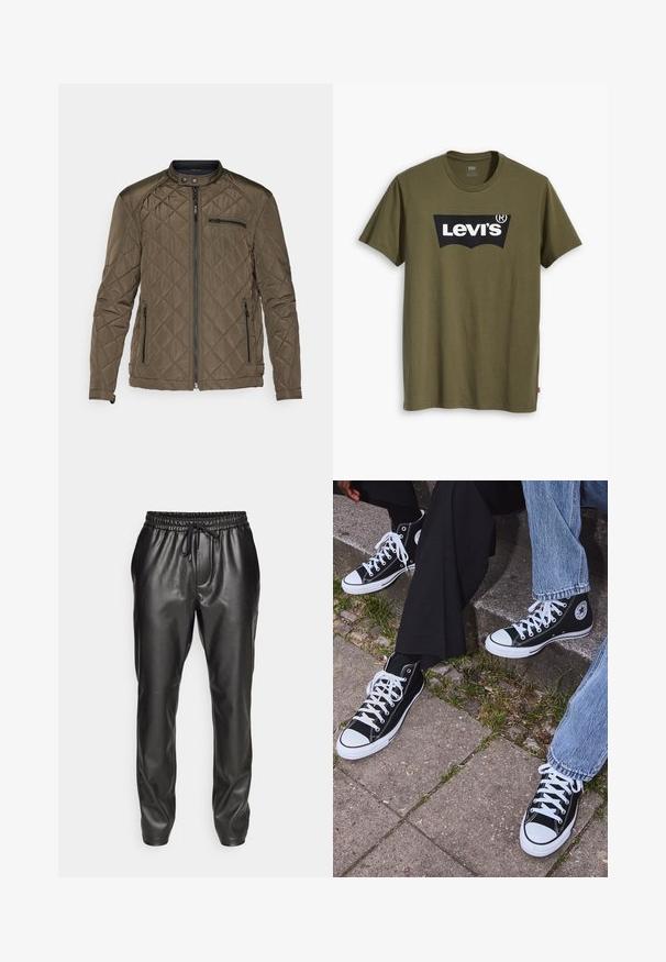 Quilted olive green jacket featuring a stand-up collar, front zipper, and two side pockets. Includes a zippered chest pocket for storage.; Olive green cotton t-shirt featuring a large black Levi's logo in a contrasting semi-arched shape across the chest. Regular fit.; Black leather jogger pants with an elastic waistband and adjustable drawstring. Smooth texture, tapered fit, and cuffed ankles.; Black high-top canvas sneakers with white rubber soles and laces, featuring a circular logo on the side and paired with denim and black pants.