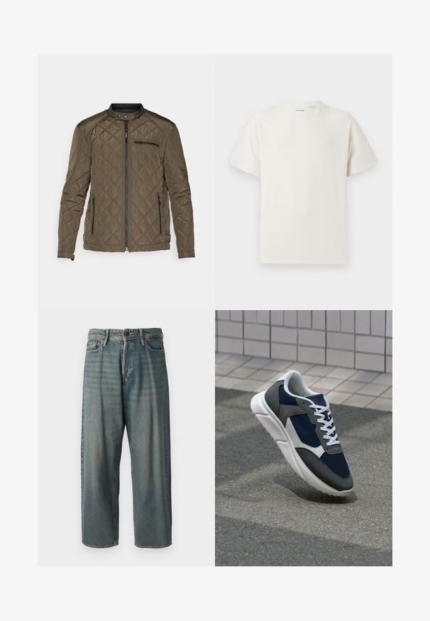 Quilted olive green jacket featuring a stand-up collar, front zipper, and two side pockets. Includes a zippered chest pocket for storage.; White short-sleeve T-shirt in a ribbed texture. Round neckline, relaxed fit, no visible patterns or accents. Simple and versatile design.; Light blue denim jeans with a loose fit, mid-rise waist, and straight legs. Features five pockets, belt loops, and a button closure.; Sneaker featuring a navy blue mesh upper, gray suede accents, white rubber sole, and flat white laces, designed for comfort and breathability.