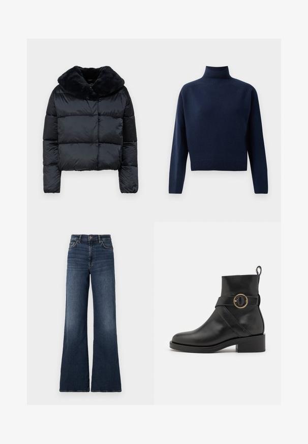 Black puffer coat with a thick fur collar, quilted design, cropped length, and long sleeves. Smooth, shiny exterior material.; Navy blue, long-sleeve turtleneck sweater with ribbed cuffs, hem, and neck, displayed on a plain white background.; Wide-leg dark blue denim jeans with a high waist. Features classic five-pocket design and subtle fading on the thighs. Metal button closure.; BOSS IRYNA BOOTIE - Platform ankle boots - black