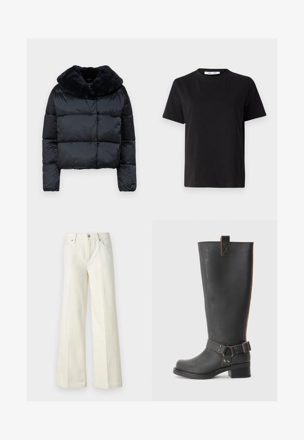 Casaco puffer preto com um colarinho espesso de pelo, design matelassado, comprimento curto e mangas longas. Material exterior liso e brilhante.; T-shirt preto de manga curta feito de algodão suave, com decote redondo, ajuste descontraído e uma textura suave. Sem padrões ou gráficos visíveis.; Calças jeans brancas de perna larga, feitas de tecido de algodão misto. Apresentam fecho de correr, design de cinco bolsos e costura ao longo das costuras.; Bota preta de couro até ao joelho com um acabamento texturizado, apresentando um detalhe de fivela lateral e um salto baixo. Costura detalhada ao longo das costuras.