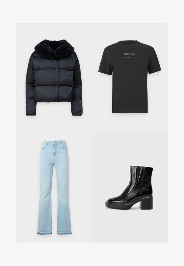 Fekete puffball kabát vastag szőrmével, tűzött dizájnnal, rövidített hosszal és hosszú ujjakkal. Simább, fényes külső anyag.; Fekete pamut póló kerek nyakkivágással, rövid ujjakkal, fehér nyomott "Calvin Klein" logóval és "Established 1968" felirattal.; Világoskék, trapéz fazonú farmernadrág, magas derékkal, elülső zsebekkel és nyers szegéllyel a szárakon, amely laza megjelenést kölcsönöz.; Fekete lakkbőr bokacsizma ívelt orral, elasztikus oldalpanelek és vastag blokk sarkal. A hátsó részen dombornyomott logó található.
