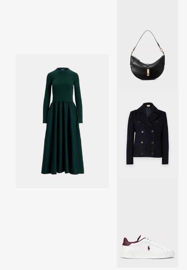 Marineblå dobbeltbrystet uldfrakke med slagkrave, seks runde sorte knapper og to sidelommer. Foderet har et quiltet mønster.; Langærmet, mørkegrøn kjole lavet af glat stof, med en tætsiddende overdel og et udvidet, samlet skørt. Rund halsudskæring.; Hvide lædersneakers med burgundy detaljer, rund tå, præget logo og flade snørebånd. Tekstureret sål og glatte overfladedetaljer.; Sort læderhåndtaske i halvmåneform. Har en gylden hardwaredetalje og en smal rem. Glat tekstur, lynlås lukning øverst.