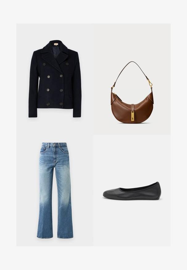 Marineblauwe dubbelgevouwen wollen jas met een notch-kraag, zes ronde zwarte knopen en twee zijzakken. Gevoerde interieur met een gewatteerd patroon.; Lichtblauw overhemd van katoen, met lange mouwen, een puntkraag en een klein geborduurd logo op de linkerborst.; Lichtblauwe high-waisted jeans met een wijde pijp, vervaagd textuur, vijf zakken en metalen knoopsluiting.; Zwarte leren ballerina met een ronde neus, gladde textuur, minimale stikdetails en een flexibele zoolontwerp.; Bruine leren schoudertas met een gebogen vorm, gouden hardware, bovenklepdetail en een logoaccent. Gladde textuur met gestikte randen.