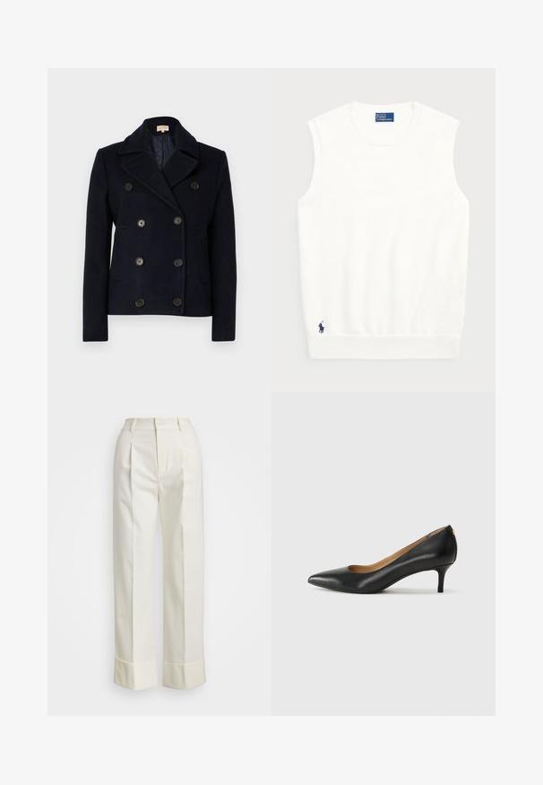 Marineblauer, doppelt gefütterter Wollmantel mit Reverskragen, sechs runden schwarzen Knöpfen und zwei Seitentaschen. Gefüttertes Innenfutter mit einem gesteppten Muster.; Weißer ärmelloser Pullover aus glattem Baumwollmaterial, mit einem gerippten Saum und einem kleinen marineblauen Logo unten links. Einfaches Design, keine Muster.; Weiße maßgeschneiderte Hose mit hoher Taille, doppelten Vorderfalten und weiten Beinen mit umgeschlagenen Säumen. Hergestellt aus einem glatten, strukturierten Stoff.; Schwarzer Lederpumps mit spitzem Zehenbereich, niedrigem Absatz und glatter Textur. Verfügt über eine leichte Öffnung an der Vorderseite und minimale Beschläge an der Rückseite.