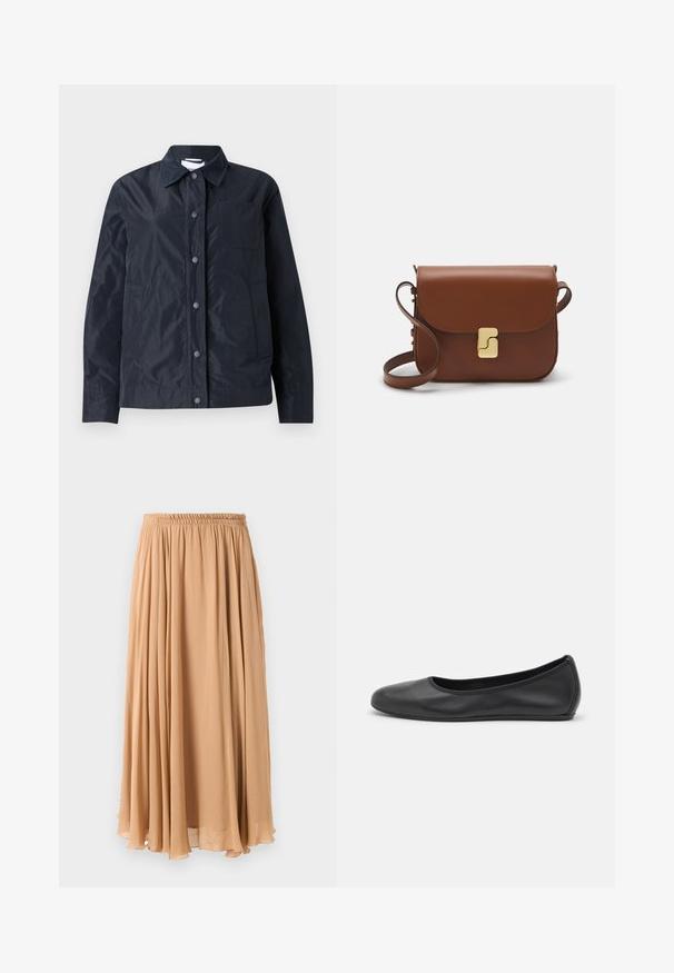 Giacca leggera, impermeabile e blu navy, con chiusura a bottoni a pressione, colletto a punta, due tasche laterali e una tasca sul petto. Texture liscia.; Pullover cropped beige chiaro con collo alto con zip, caratterizzato da un motivo testurizzato e polsini e orlo a coste. Combina materiali a maglia e tessuti.; Gonna maxi in beige chiaro, realizzata in tessuto fluido. Presenta una vita elastica arricciata e morbide pieghe per il movimento.; Pantofole da balletto nere in pelle con punta arrotondata, texture liscia, dettagli di cucitura minimi e design con suola flessibile.; Borsa a tracolla in pelle marrone con chiusura a pattina, hardware color oro, tracolla e una finitura liscia. Forma rettangolare compatta.