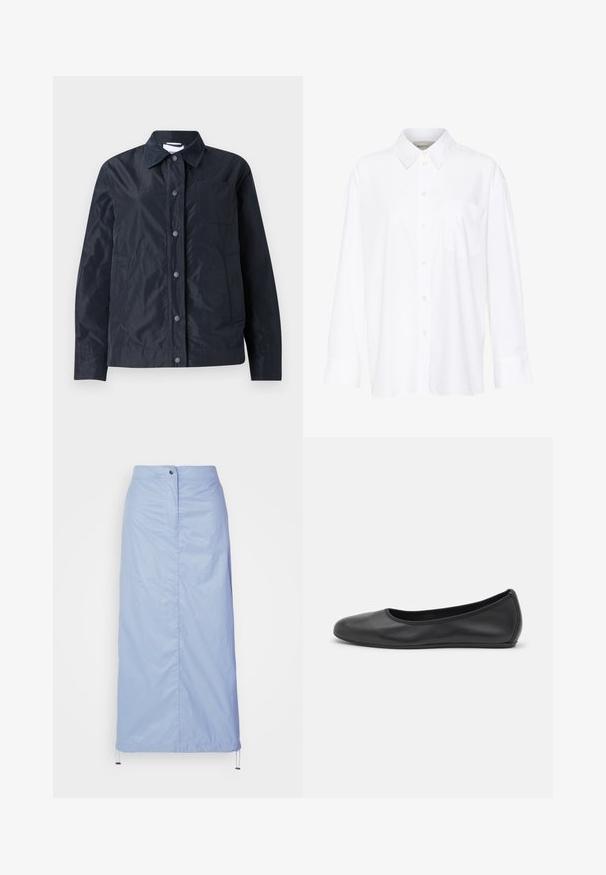 Navyblaue, leichte, wasserdichte Jacke mit Druckknopfverschluss, spitzem Kragen, zwei Seitentaschen und einer Brusttasche. Glatte Textur.; Weißes Langarmhemd mit Kragen aus Baumwolle. Verfügt über eine durchgehende Knopfleiste und eine Brusttasche. Glatte Textur, lockere Passform.; Helleblaue Midilänge-Rock aus glattem, leichtem Material mit geradem Schnitt, verfügt über eine Knopfverschluss vorne und einen Kordelzugsaum.; Schwarze Leder-Ballettschuhe mit abgerundeter Spitze, glatter Textur, minimalen Nähdetails und einem flexiblen Sohlen-Design.