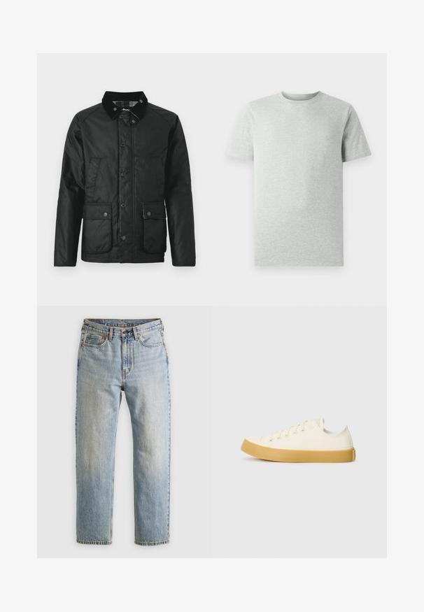 Czarna wodoodporna kurtka z welurowym kołnierzem, zatrzaskami, dwoma przednimi kieszeniami i miękką teksturą. Posiada podszewkę w kratę.; Jasnoszara koszulka typu T-shirt z krótkim rękawem i okrągłym dekoltem, wyeksponowana na białym tle, widok z przodu bez widocznych logo czy wzorów.; Jasnoniebieskie dżinsy z wysokim stanem, z guzikiem z przodu, zamkiem błyskawicznym i pięcioma kieszeniami, ułożone na płasko na neutralnym tle.; Płócienne sneakersy w odcieniu ecru z okrągłym noskiem, charakteryzujące się beżowymi gumowymi podeszwami i pięcioma otworami na sznurówki, z teksturowanym wykończeniem cholewy.