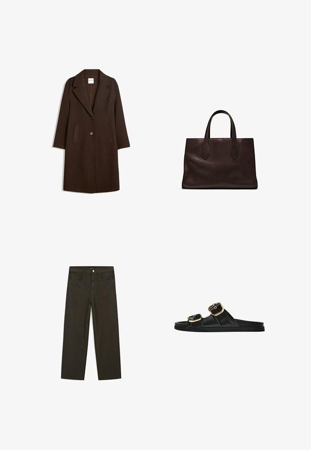 Brązowy płaszcz z mieszanki wełny z klapami, dwoma przednimi kieszeniami i zapięciem na jeden guzik. Prosty krój z długimi rękawami.; Ciemnobrązowy sweter z długim rękawem i okrągłym dekoltem, o lekko skróconym kroju i prostym, bezszwowym designie.; Ciemnozielone spodnie dżinsowe typu wide-leg wykonane z mieszanki bawełny, z zamkiem na guzik z przodu, pięcioma kieszeniami i klasycznym przeszyciem dżinsowym.; Czarne klapki z dwoma złotymi klamrami, gładki materiał, płaska podeszwa i minimalistyczny design.; Brązowa skórzana torba tote z dwoma wydłużonymi uchwytami, usztywnionym prostokątnym kształtem, gładką teksturą i subtelnymi detalami przeszycia.