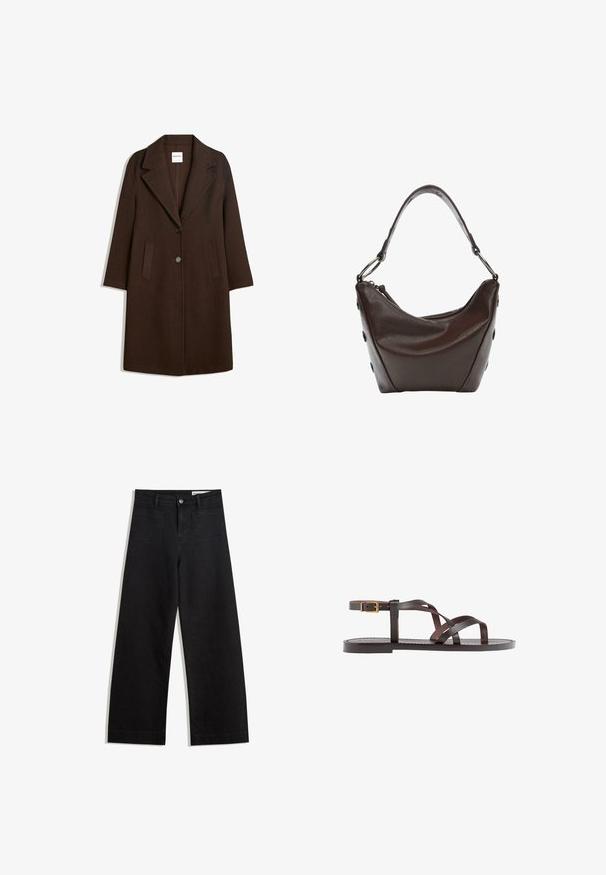 Cappotto in misto lana marrone con revers a punta, due tasche frontali e chiusura con un solo bottone. Taglio dritto con maniche lunghe.; Maglietta a maniche corte marrone realizzata in tessuto morbido, con scollatura rotonda e vestibilità rilassata. Nessun motivo o dettaglio visibile.; Pantaloni in denim neri a gamba larga con vita alta, dotati di tasche anteriori e posteriori, cuciture a punto, e chiusura con bottone. Texture liscia.; Sandal in pelle marrone con cinturini incrociati, chiusura con cinturino alla caviglia e suola piatta con dettagli di cucitura minimi.; Borsa in pelle marrone scuro con forma curvata, chiusura con zip e manico corto. Caratterizzata da hardware in metallo e bottoni neri decorativi sul lato.