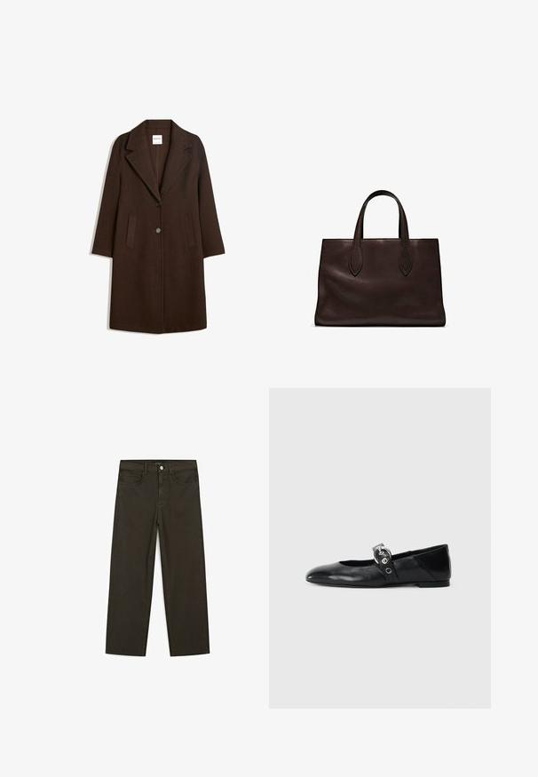 Bruine wolblendjas met een opstaande kraag, twee frontzakken en een enkele knoopsluiting. Rechte snit met lange mouwen.; Bruine T-shirt met korte mouwen, gemaakt van zachte katoen, met een ronde halslijn en een eenvoudig ontwerp zonder extra patronen of accenten.; Donkergroene wijde jeans van een katoenmix, met een sluiting met een voorste knop, vijf zakken en klassieke denimstiksels.; Zwarte leren balletschoenen met een spitse neus, voorzien van een band met een ronde metalen gesp en een platte zool.; Bruine leren tote bag met twee verlengde handvatten, gestructureerde rechthoekige vorm, gladde textuur en subtiele stiksels.