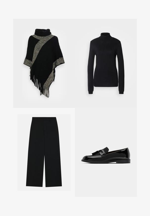 Black poncho with a high neckline, featuring a diagonal light gray woven stripe and fringed edges. Made from soft, textured fabric.; Black turtleneck sweater made from a soft knit fabric, featuring long sleeves and a fitted silhouette with a ribbed collar and hem.; Wide-leg black trousers made of a smooth fabric. Features a flat waistband with belt loops and no visible pockets. Simple design.; Black patent leather loafers with a flat heel, featuring a tassel accent and smooth surface, designed with a rounded toe and subtle stitching.