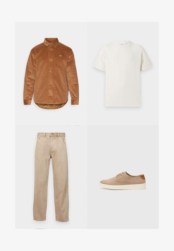 Smeđa kord majica s klasičnom kragnom, kopčanjem na gumbi, dugim rukavima i malim zelenim Lacoste logom na lijevoj strani prsnog koša. Teksturirana površina.; Bijela kratka majica s kratkim rukavima u rebrastoj teksturi. Okrugli izrez, ležeran kroj, bez vidljivih uzoraka ili akcenta. Jednostavan i svestran dizajn.; Bež teksas traperice ravnog kroja, s prednjim džepovima, metalnim zakopčavanjem i suptilnom teksturom.; Bež nubuk tenisice s okruglim vrhom, vezanjem sprijeda i teksturiranim stražnjim naglaskom. Bijela gumena potpetica pruža kontrast. Jednostavan i moderan dizajn.