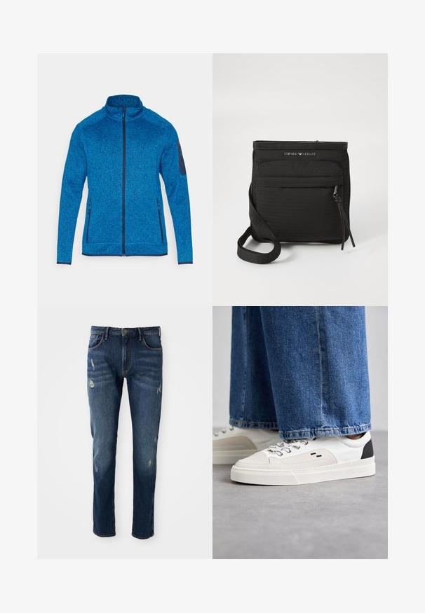 CMP Fleecejacke - zaffiro/nero/blue; Marineblaues Crewneck-Sweatshirt mit langen Ärmeln, das ein gemustertes Adler-Logo mit den Initialen "GA" in der Mitte der Brust zeigt.; Dunkelblaue Jeans aus Denim mit slim fit, leichten Abnutzungen an den Oberschenkeln und Knien, klassischem Fünf-Taschen-Design und Knopfverschluss.; Weiße und schwarze Sneaker mit einem Obermaterial aus glattem Leder, strukturierten Akzenten und einer massiven weißen Sohle. Verfügt über ein klassisches Schnürdesign.; Schwarze Emporio Armani Umhngetasche mit vorderer Reißverschlusstasche, verstellbarem Trageriemen und Logodetail auf strukturiertem Stoff.