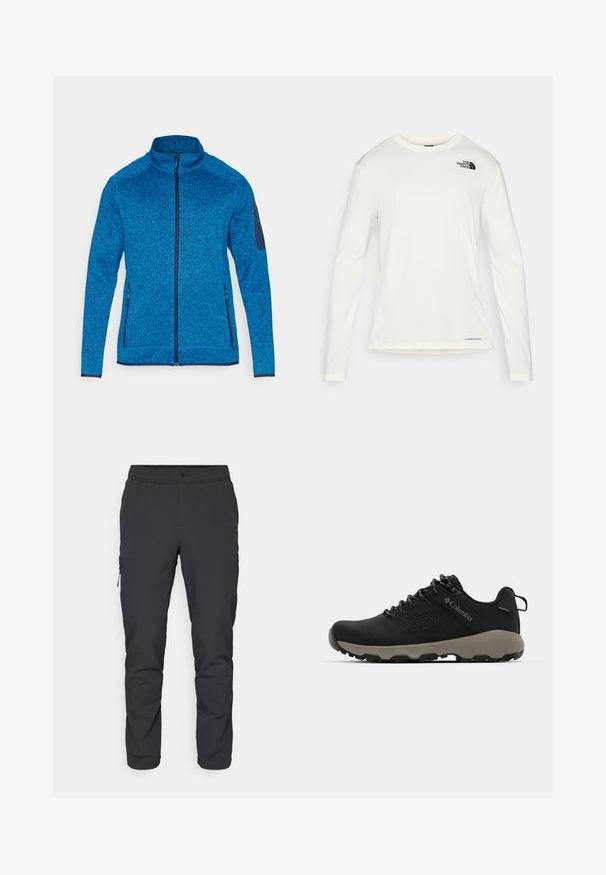 CMP Giacca in pile - zaffiro/nero/blue; Camicia bianca a maniche lunghe con colletto tondo, tessuto testurizzato, logo nero sulla spalla sinistra e branding sottile sul fondo.; Pantaloni neri a sigaretta con vita elastica, tasca laterale con zip e tessuto leggero e liscio. Ideali per l'abbigliamento sportivo.; Scarpa da trekking nera con tomaia liscia, design perforato, suola grigia e tallone rinforzato. Caratterizzata da lacci e un anello per una facile calzata.