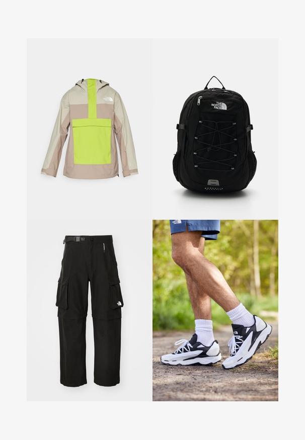 Lett jakke med hette, med en beige og lys grønn fargeblokkdesign. Inkluderer en frontlomme og elastiske mansjetter.; Hvit langermet T-skjorte laget av bomull. Rund hals-design med ribbestrikkede mansjetter og en liten logo på venstre erme. Glatt tekstur.; Sorte cargo bukser laget av slitesterkt stoff, med flere lommer, belte og logo på den nedre delen av benet. Rett snitt med en jevn tekstur.; Svart-hvite joggesko med mesh-overdel, teksturerte detaljer og hvite snøringer. Brukes med hvite ankelstrømper og marineblå shorts på en sti.; Svart ryggsekk med en strømlinjeformet design, utstyrt med en frontbungee-kord, mesh sidelommer og logo. Laget av slitesterkt materiale.